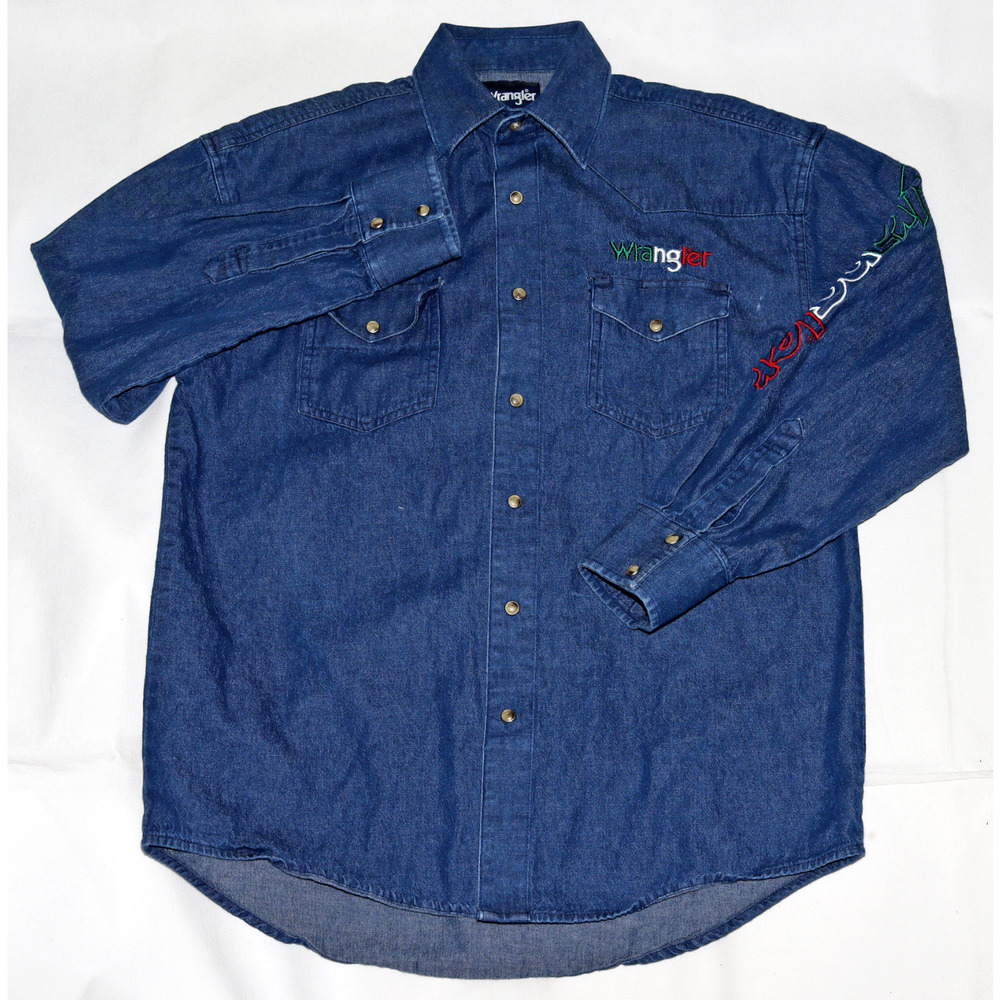 Wrangler Men's Long Sleeve Button Front Western Denim Spellout Shirt Size Medium